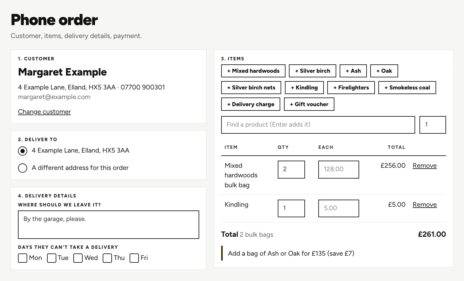 The Phone order screen at the items step, with quick-add product buttons, a table of the order with quantities and a total, and delivery details underneath.