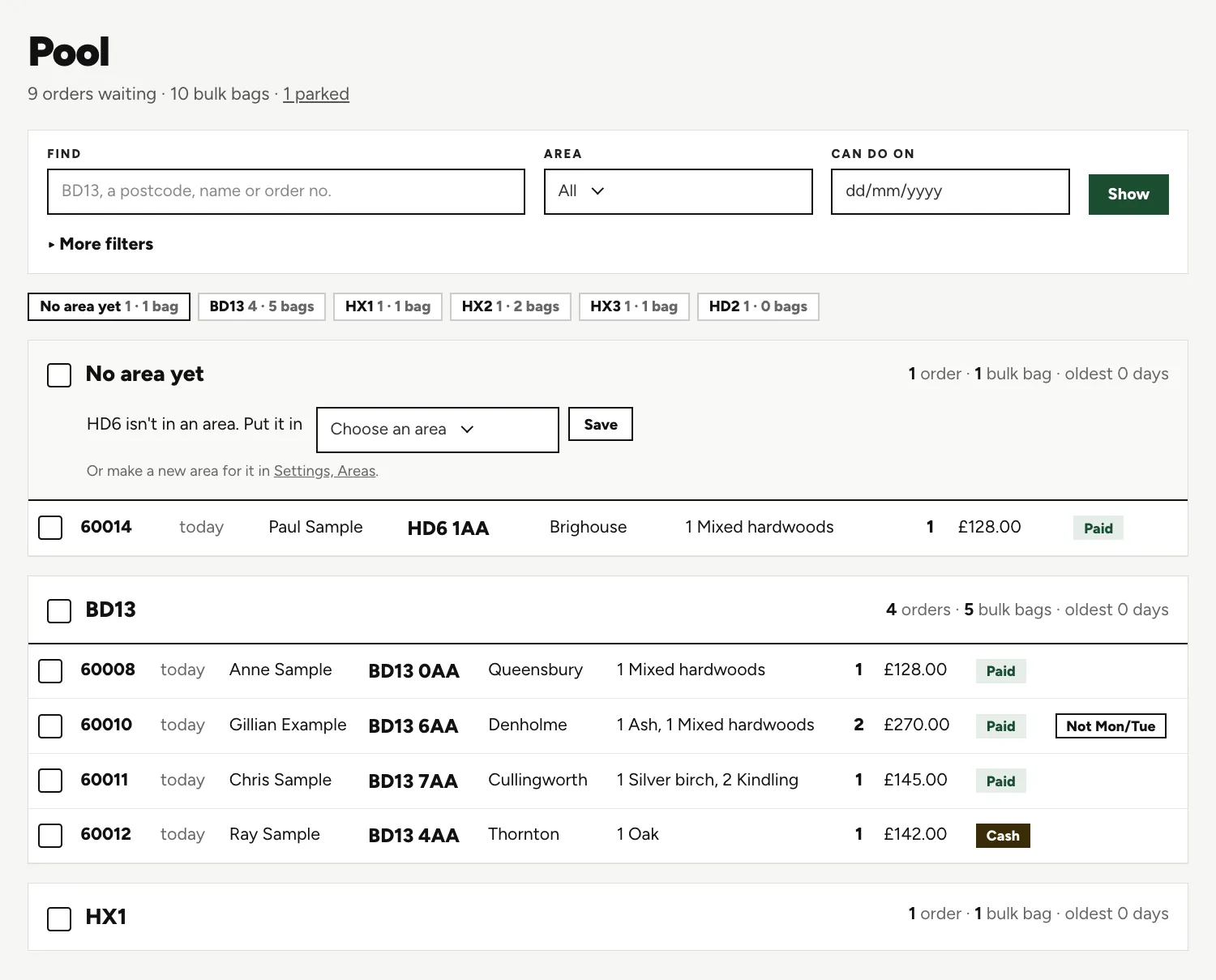 The Pool screen, with orders grouped by delivery area, each showing the postcode, what was ordered and whether it is paid.