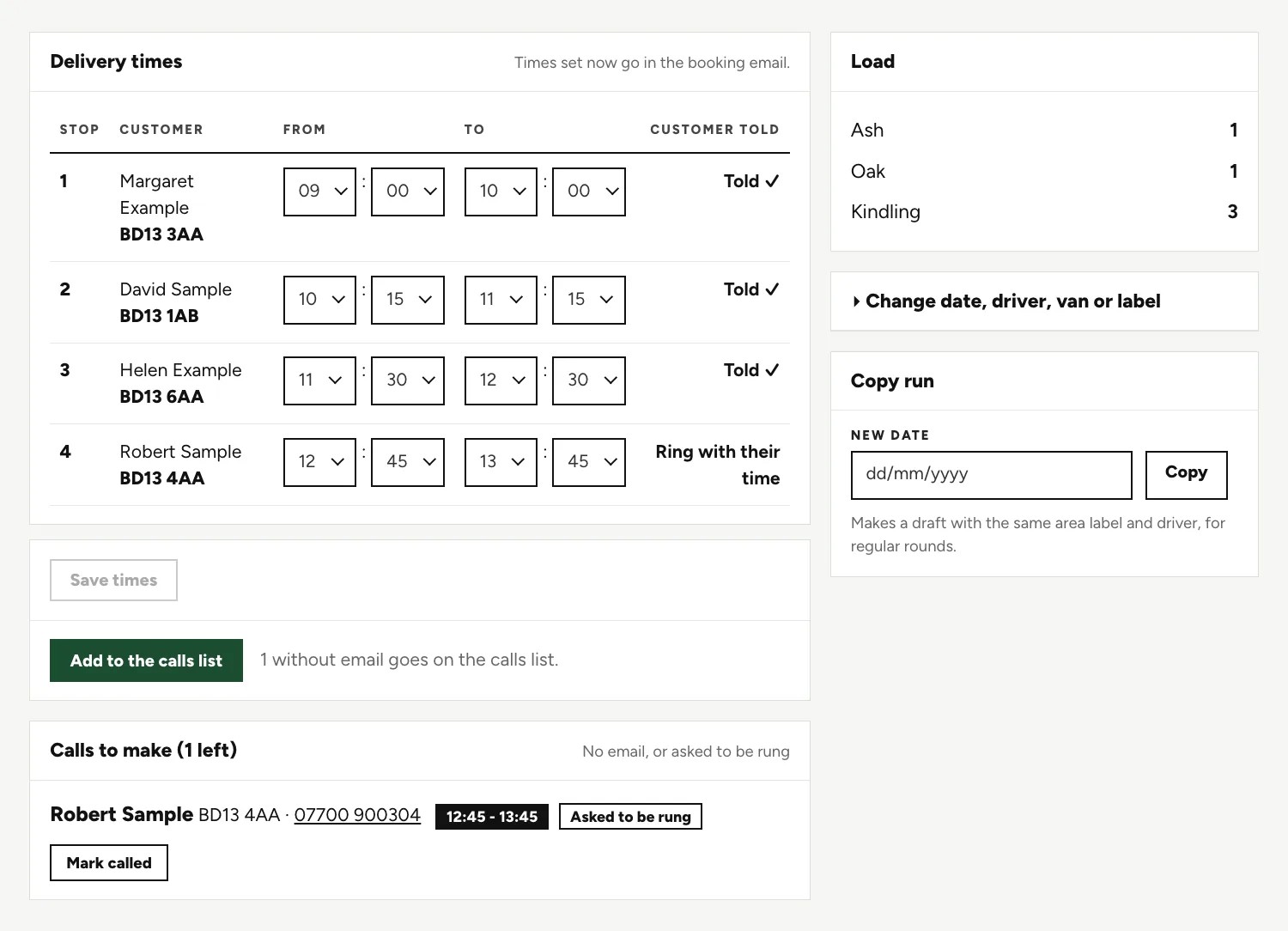 A booked run with a delivery time for each stop, Told ticks beside emailed customers and a Calls to make list showing phone numbers.