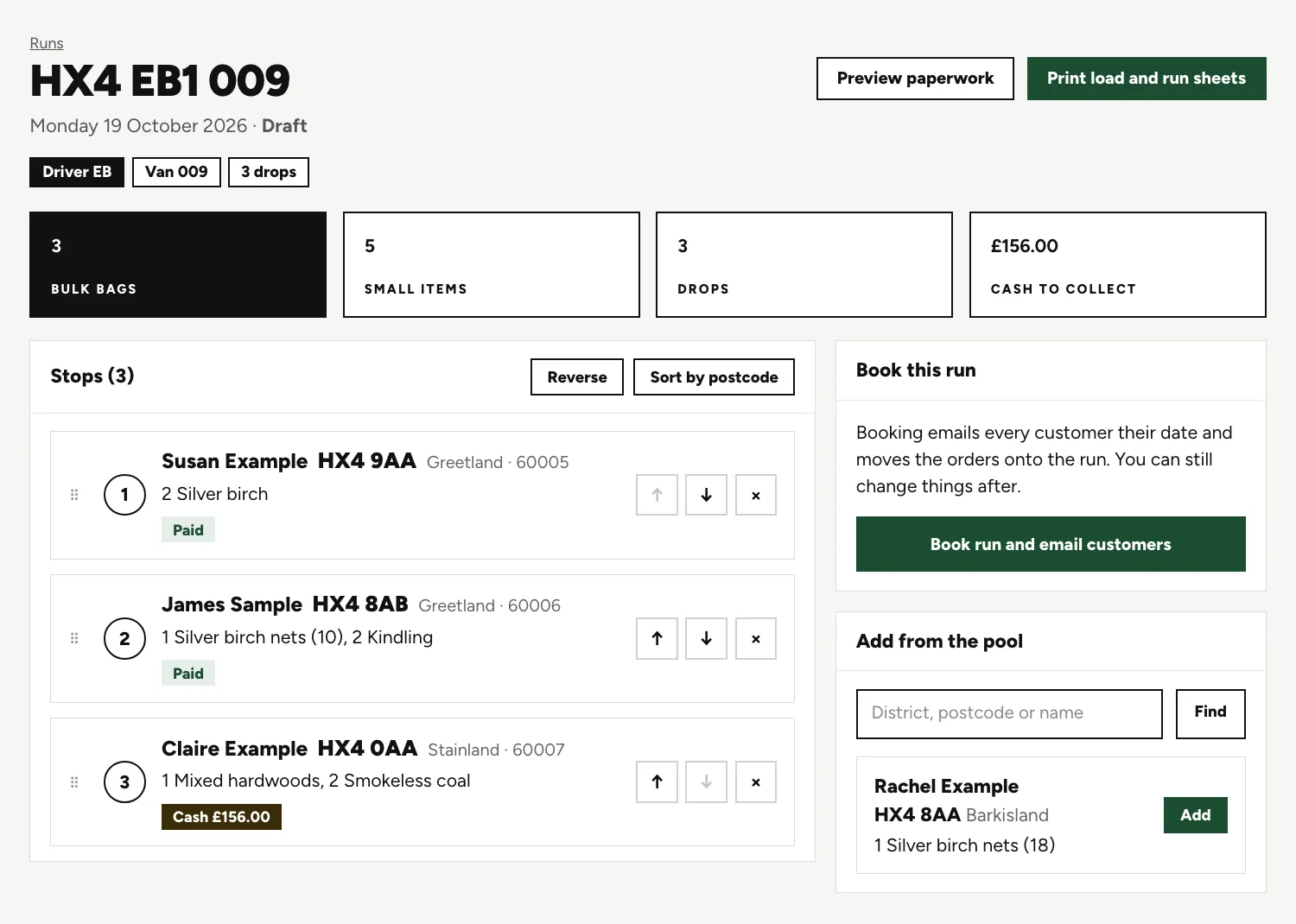 A draft delivery run with three stops in order, totals for bulk bags, small items, drops and cash to collect, and a button to book the run and email customers.