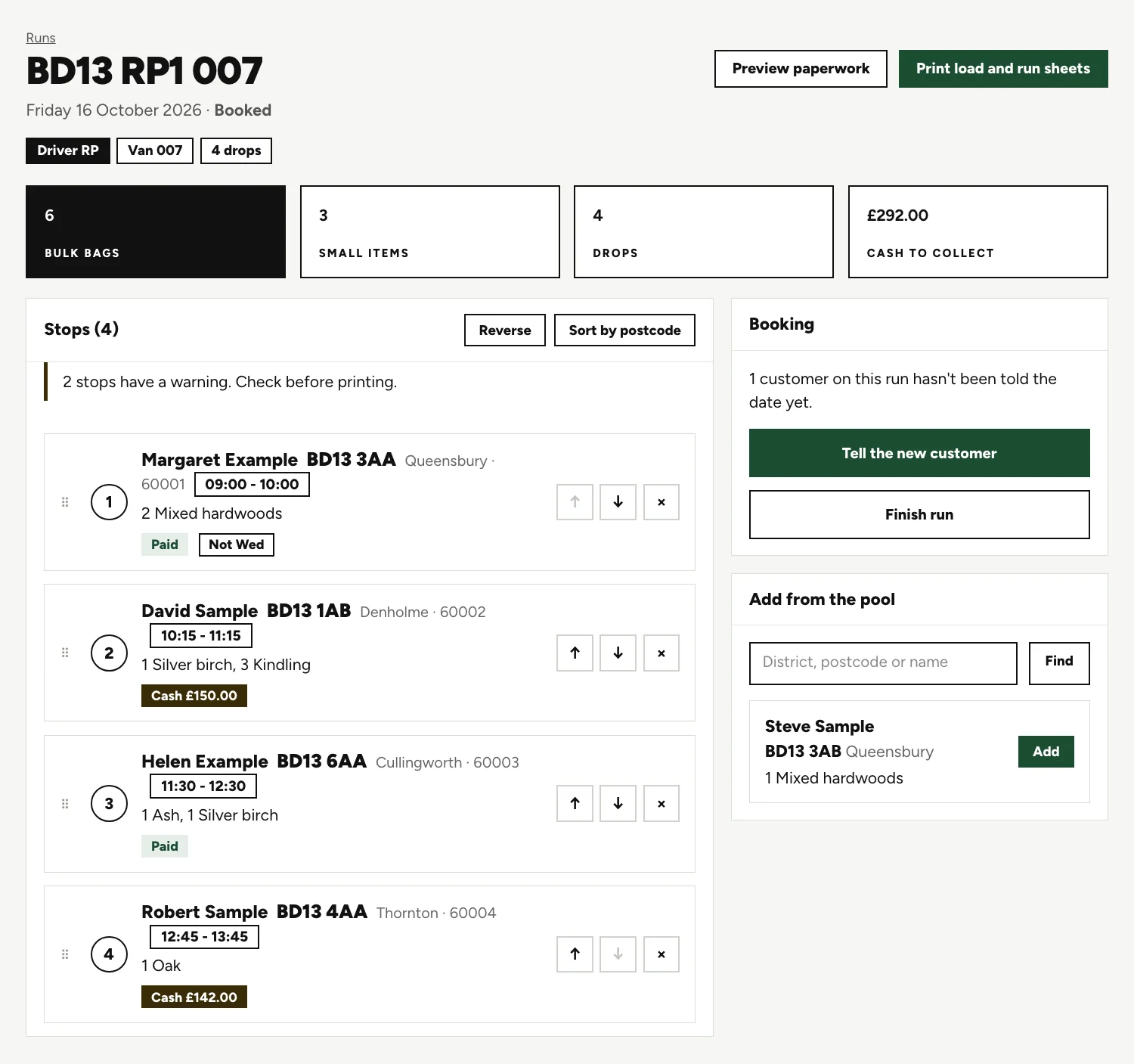 A booked run page for driver RP and van 007 with four stops, totals for bulk bags, small items and cash to collect, badges on each stop and a bar warning that two stops need checking.