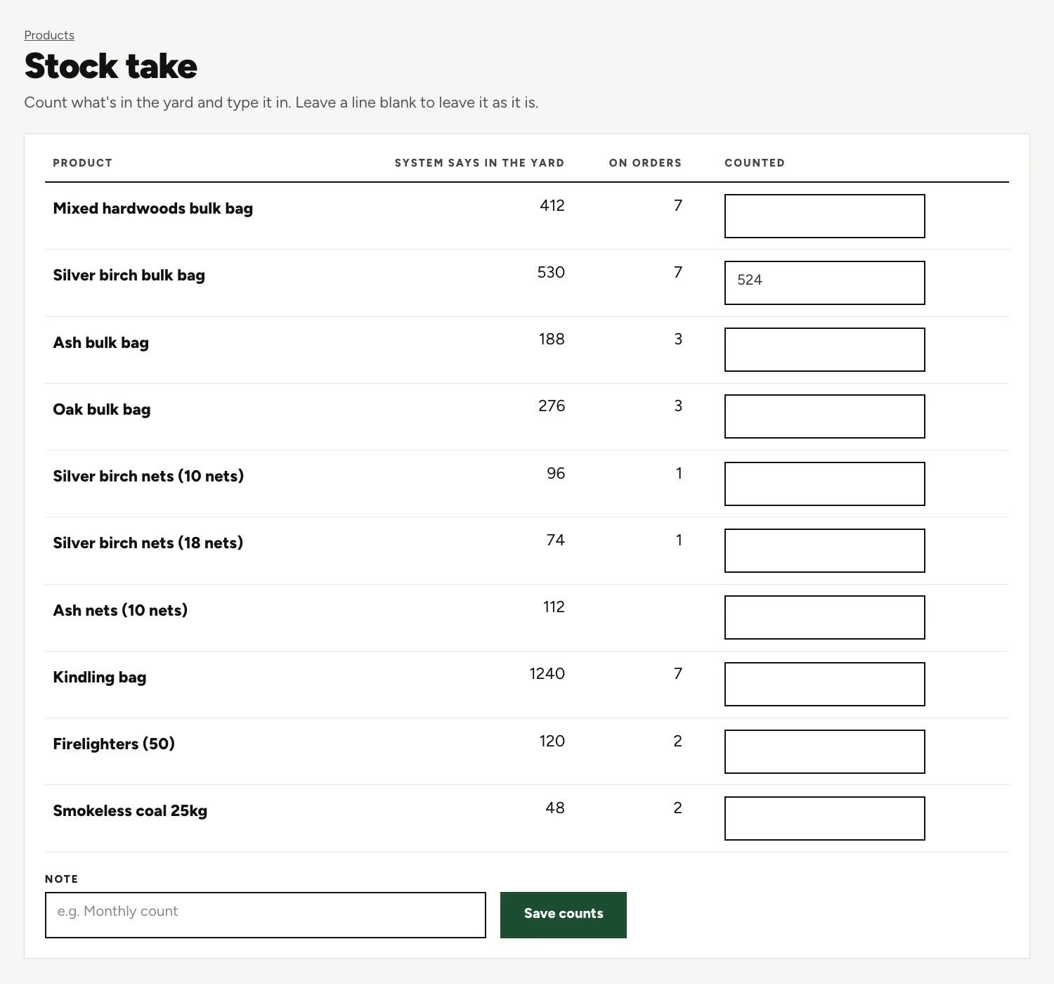 The Stock take screen: a table of products with what the system says is in the yard, how many are on orders and a box for your count, then a note box and a Save counts button.